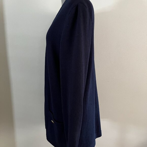 VTG St. John Basics Sz S Santana Knit Navy Blue Open Front Cardigan With Pockets - Picture 3 of 10